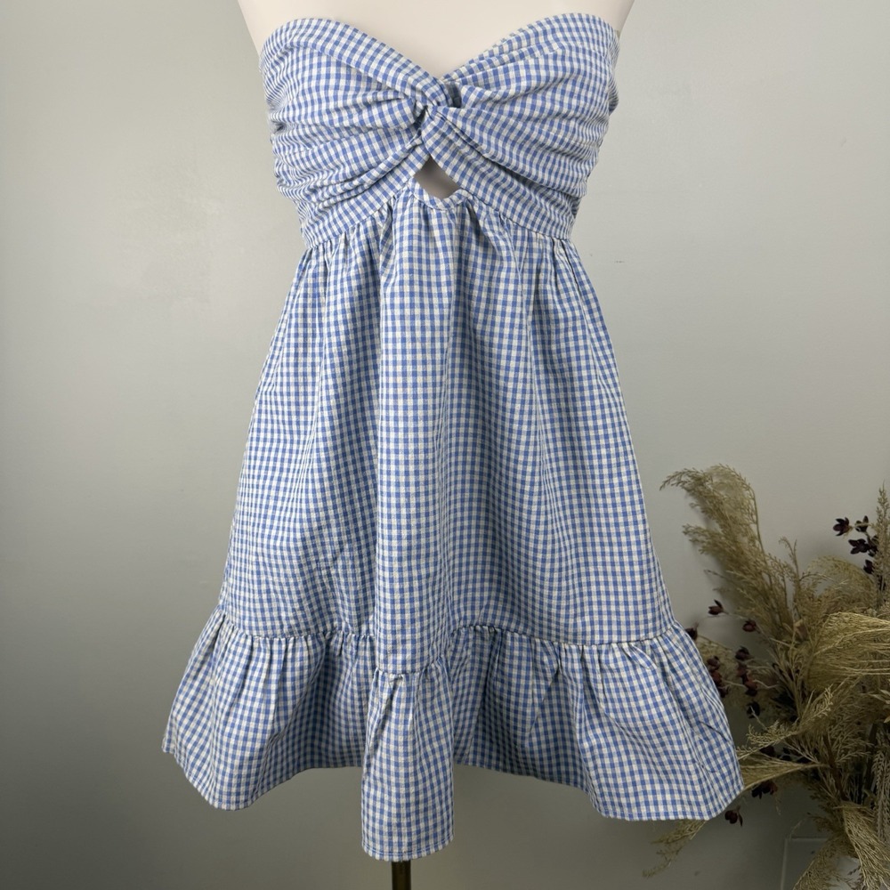 NWT Creamon Betha Size M Strapless Blue & White Gingham Romper Dress - Picture 2 of 13